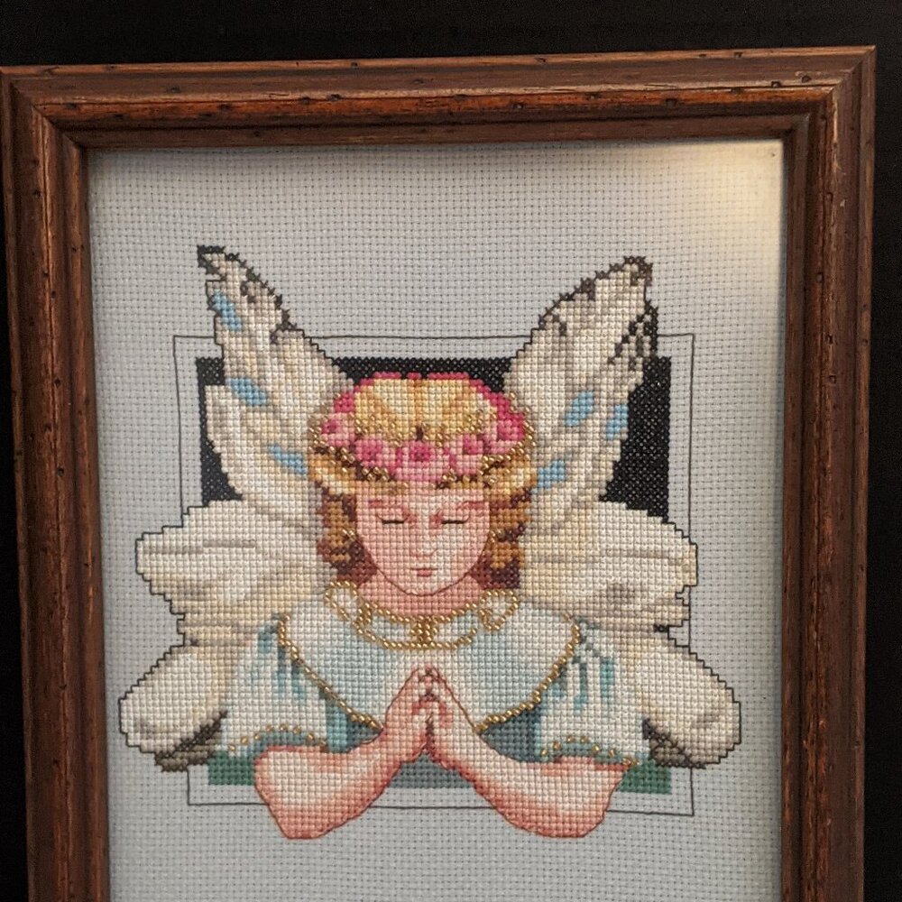 Blue Angel with Roses Cross Stitch Art
